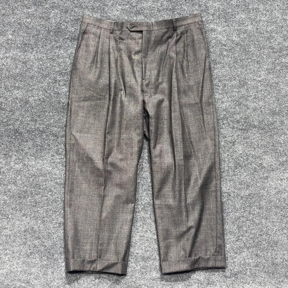 Hart Schaffner Marx Dress Pants Mens 37x25.5 Gray 100% Wool Pleated Plaid Cuffed